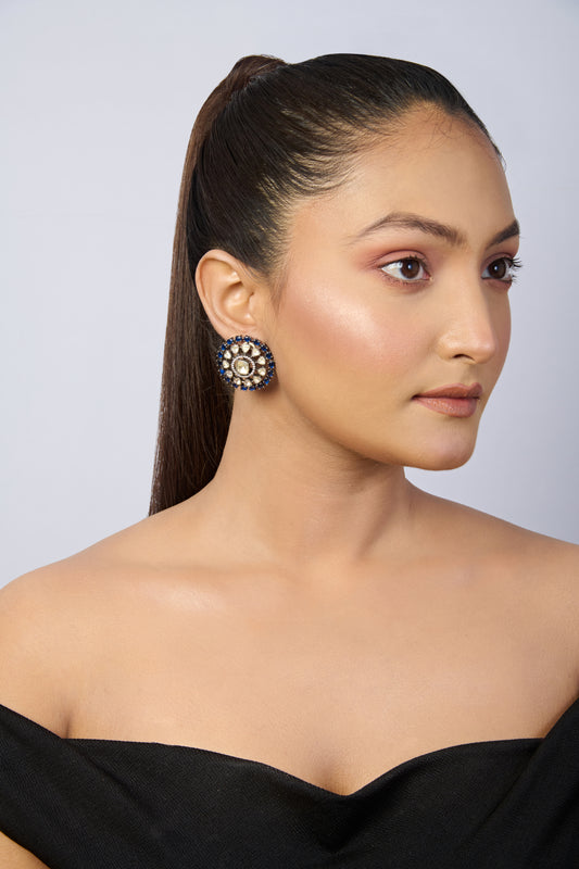 Oxidized Silver Stud Earrings with Central White Gem, Polki Diamonds, and Blue Sapphires
