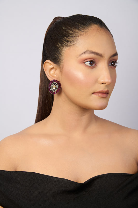 Elegant Oxidized Silver Earrings with Oval Champagne Stone and Vibrant Pink Gem Border