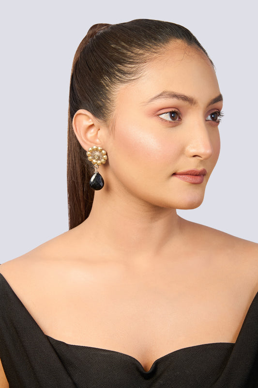 Dual-Tone Floral Stud with Black Teardrop Earrings