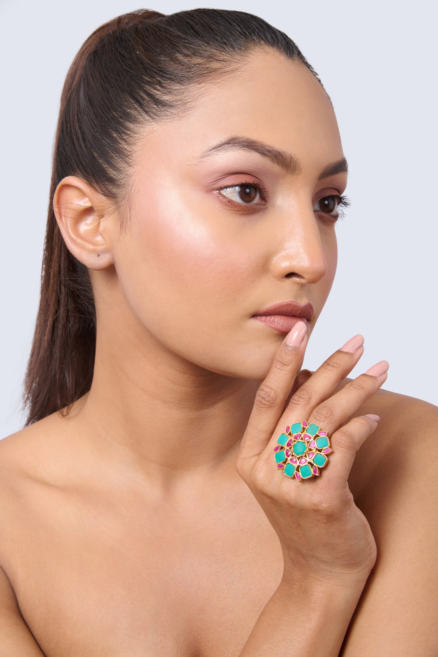 Gold-Toned Adjustable Ring with Turquoise and Ruby Floral Design