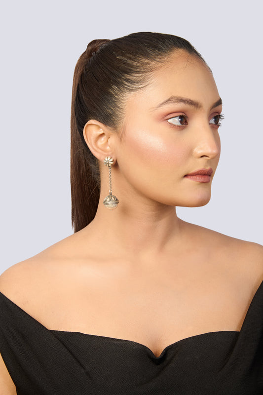 Oxidized Silver Floral Stud & Bead Drop Earrings