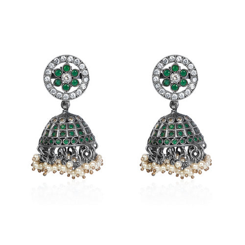Oxidized Silver Jhumka Earrings with Green & White Stones