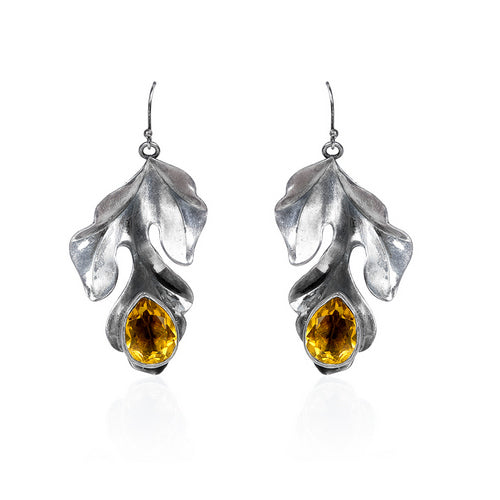 Oxidized Silver Leaf Drop Earrings with Amber Stone