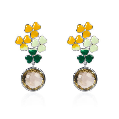 Diorette Style Enamel Clover Drop Earrings with Amber Stone