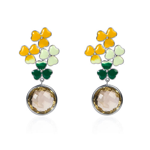 Diorette Style Enamel Clover Drop Earrings with Amber Stone