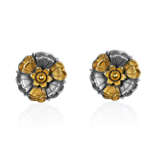 Dual-Tone Oxidized Silver and Gold Layered Flower Stud Earrings