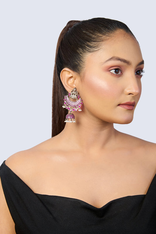 Oxidized Silver Pink Stone Lakshmi Jhumka Earrings