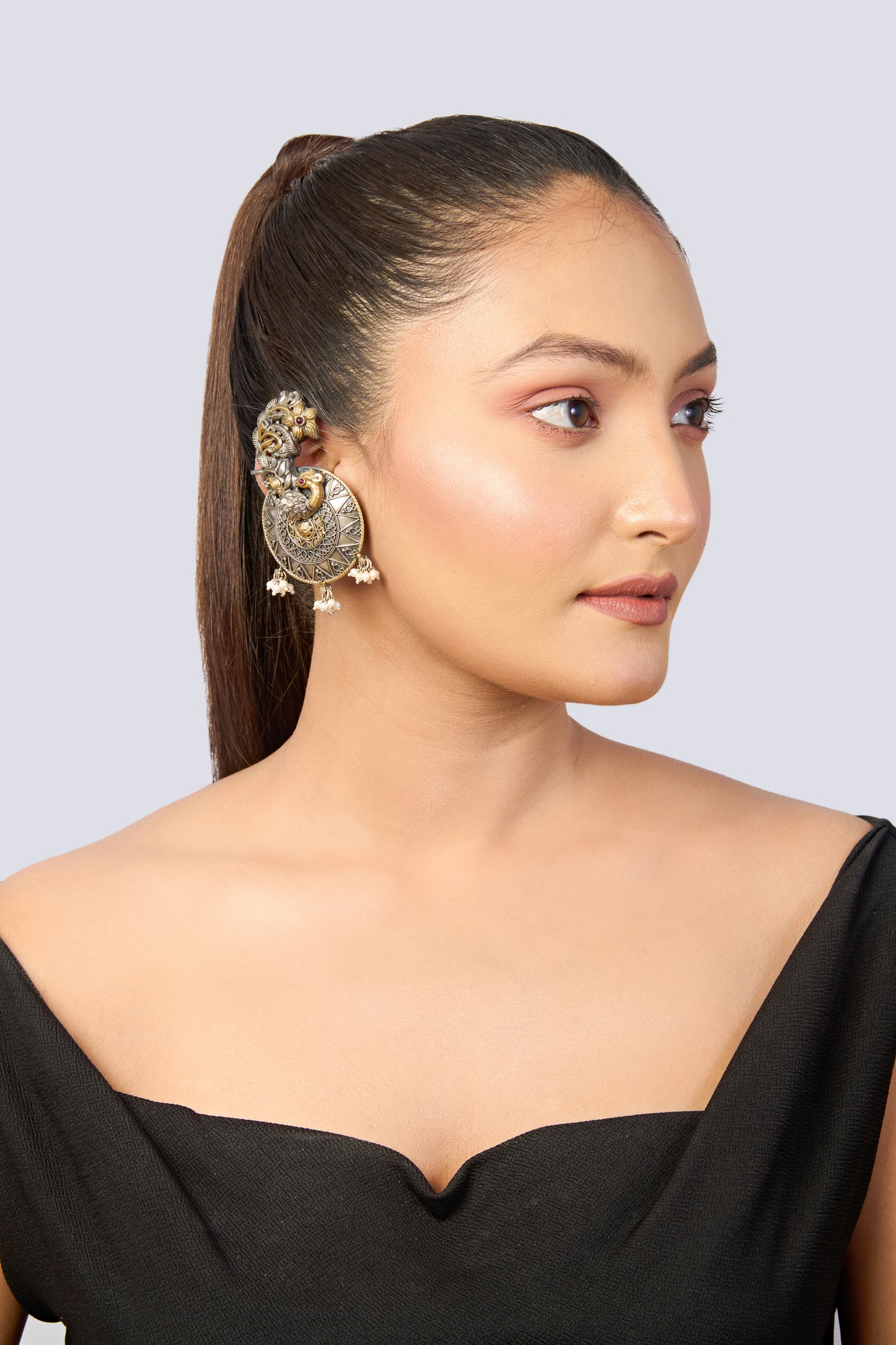 Oxidized Silver Peacock Earrings with Gold Accents, Red Gems, and Pearl Drops