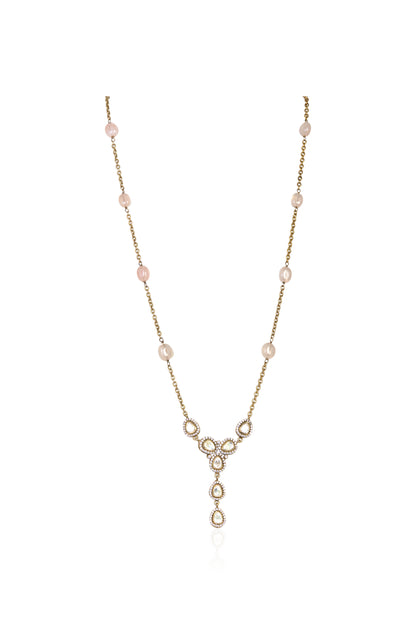 Gold Tone Necklace with Pink Pearls and Pear-Shaped White CZ Accents