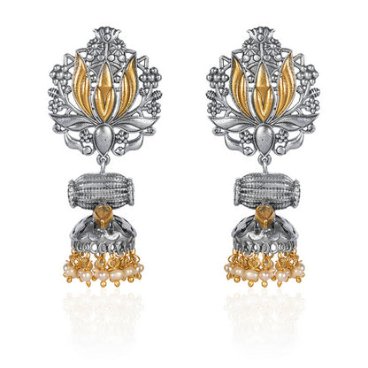 Traditional Oxidized Silver Lotus & Drum Jhumkas with Golden Accents and Pearl Dangles