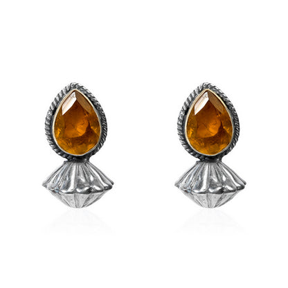 Women's Ethnic Silver Earrings with Pear Tiger's Eye and Textured Setting