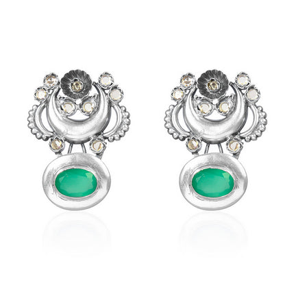 Women's Ethnic Silver Earrings with Moon Design, Floral Accents, and Green Stone Drop