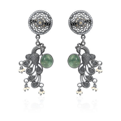 Intricate Oxidized Silver Peacock Earrings with Green Gem and Delicate Accents
