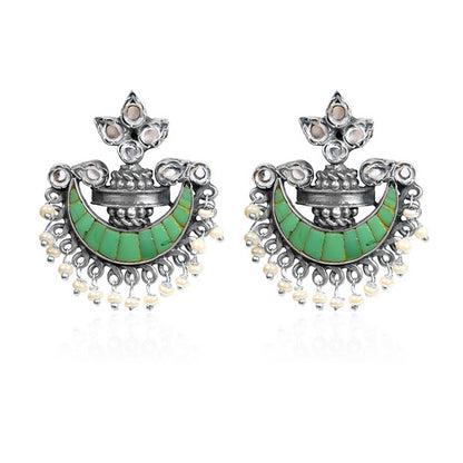 Traditional Indian Oxidized Silver Chandbali Earrings with Green Mosaic and Pearl Details