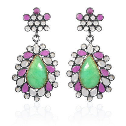 Noor Silver Plated Checker Studded Teardrop Earrings