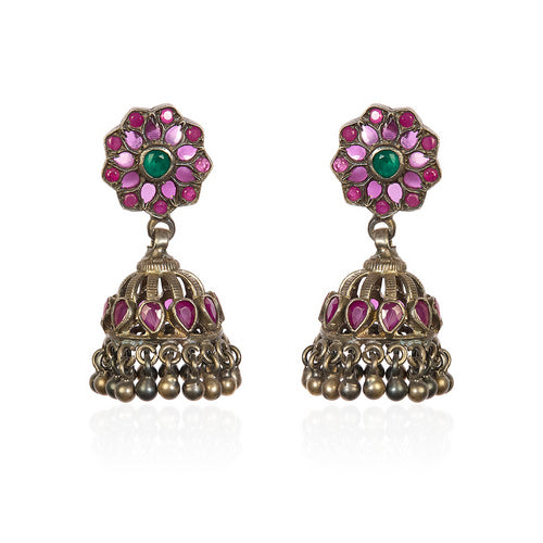 Women's Traditional Indian Jhumkas with Floral Stud, Green & Magenta Gemstones