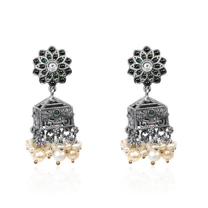 Mystic Lantern Oxidized Jhumkas with Pearly Cascade