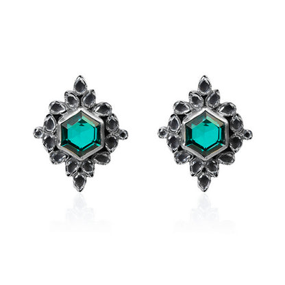 Oxidized Silver Stud Earrings with Hexagonal Emerald and Black Onyx Halo