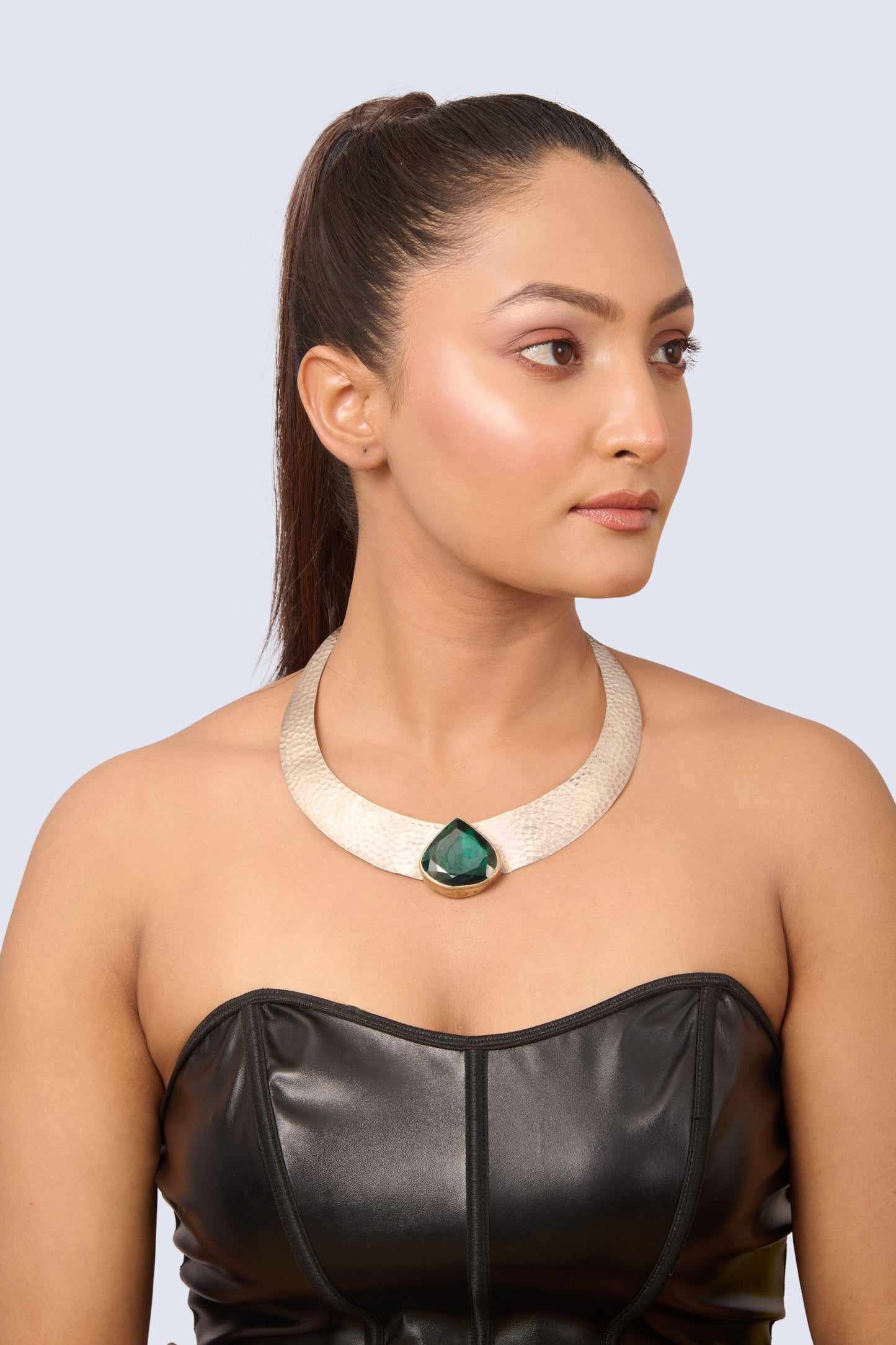 Sterling Silver Hammered Torque Necklace with Teardrop Emerald