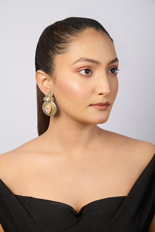 Dual-Tone Oxidized Silver and Gold Pink Stone Earrings