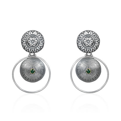 Oxidized Silver Mandala Drop Earrings with Green Stone