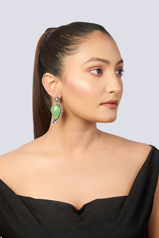 Oxidized Silver Paisley Dangle Earrings with Green Gemstone and Pearl Border