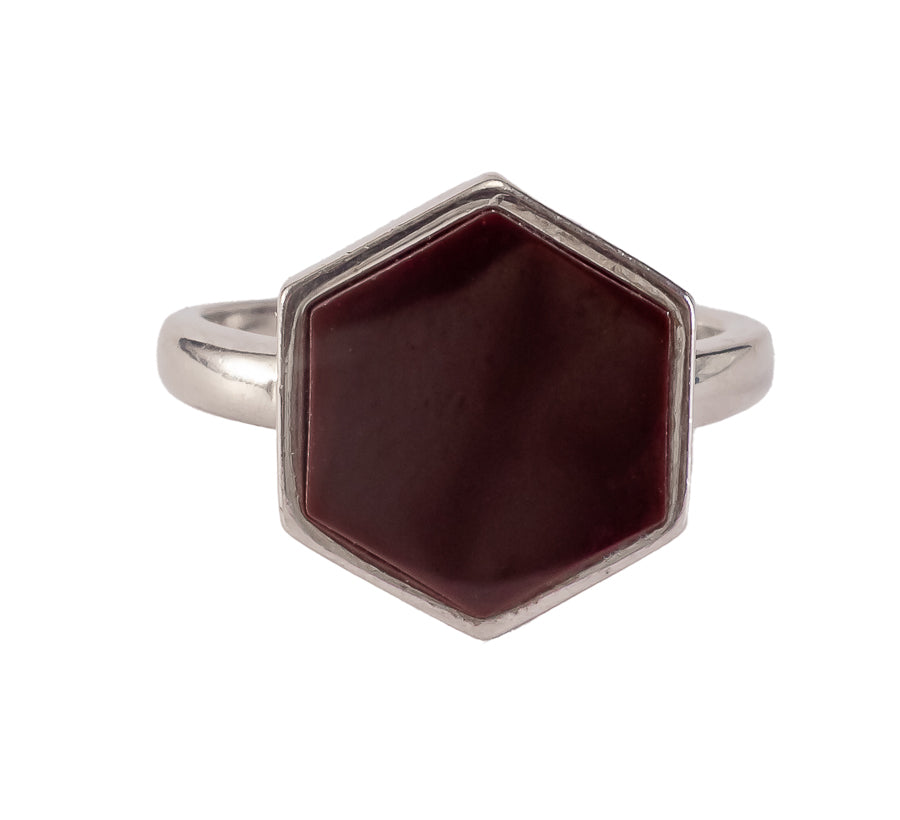 Hexa-Glow Statement Ring – Deep Maroon & Polished Silver