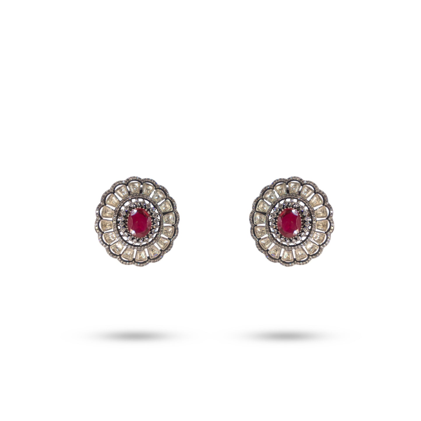 925 Silver Regal Ruby-Red & Polki Stud Earrings