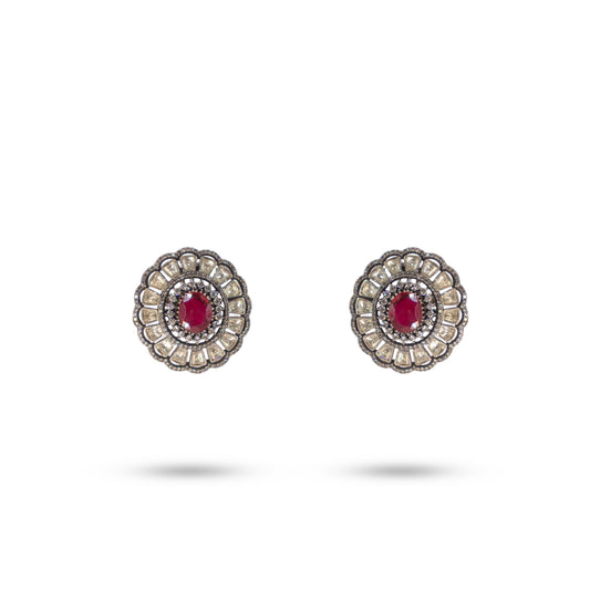 925 Silver Regal Ruby-Red & Polki Stud Earrings