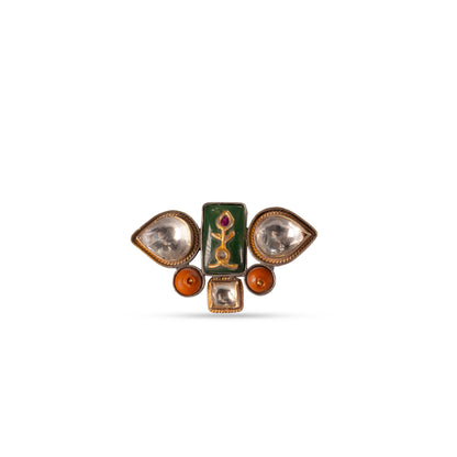 925 Silver Dual-Tone Kundan & Enamel Tribal Ring