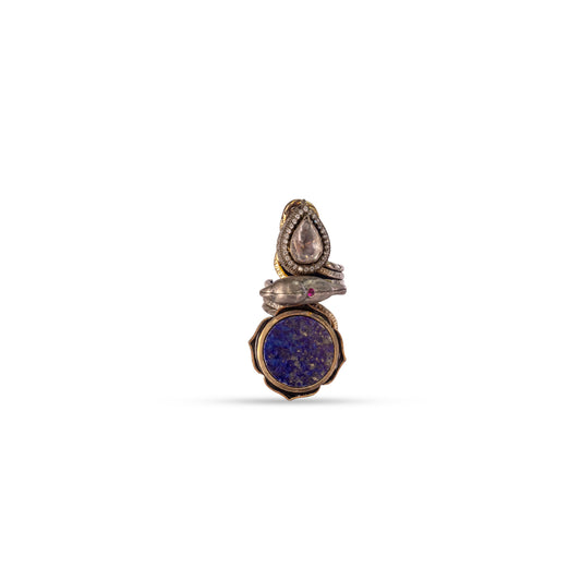 925 Silver Lapis Lazuli & Dual-Tone Fish Motif Statement Ring
