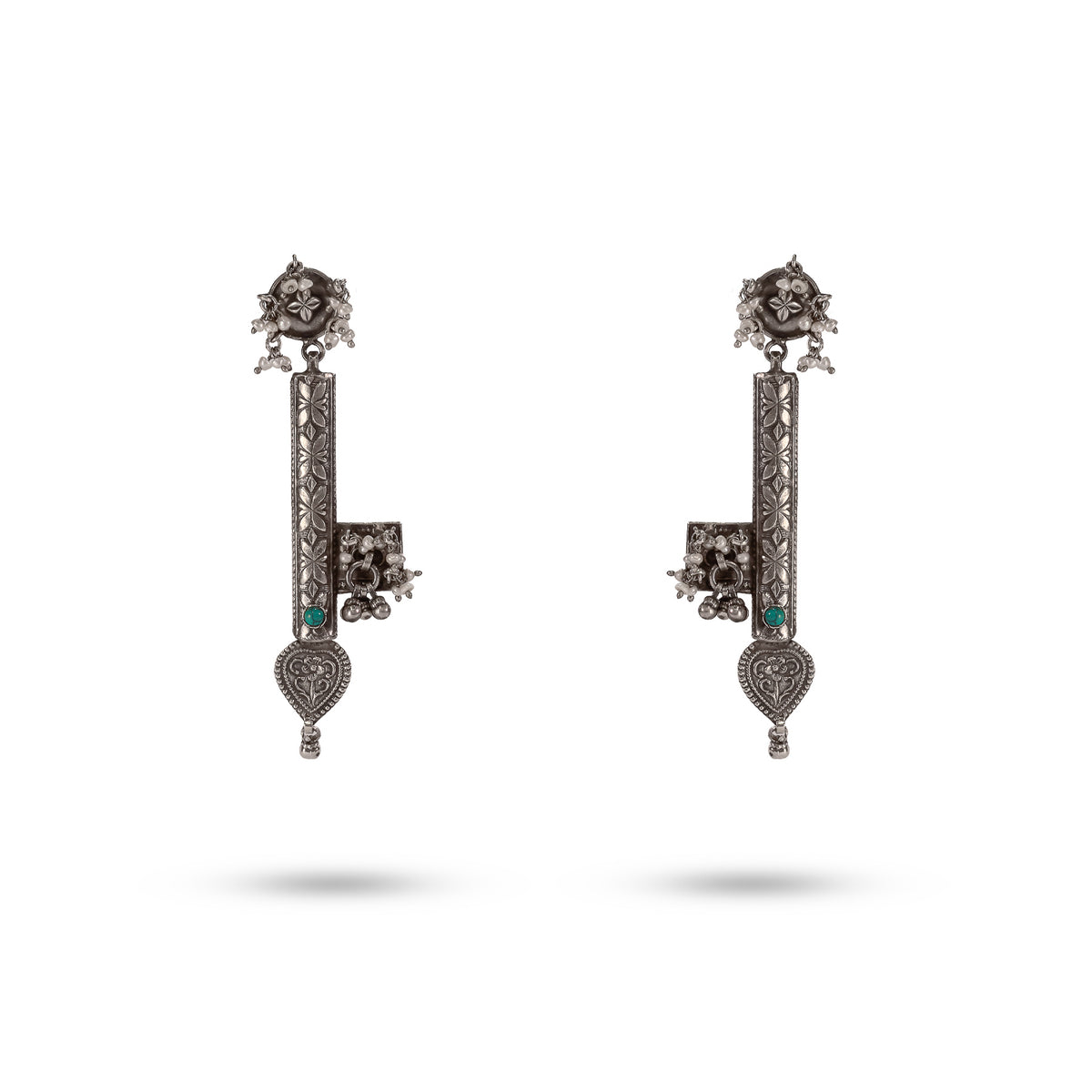 925 Silver Floral Key Pearl Drop Earrings