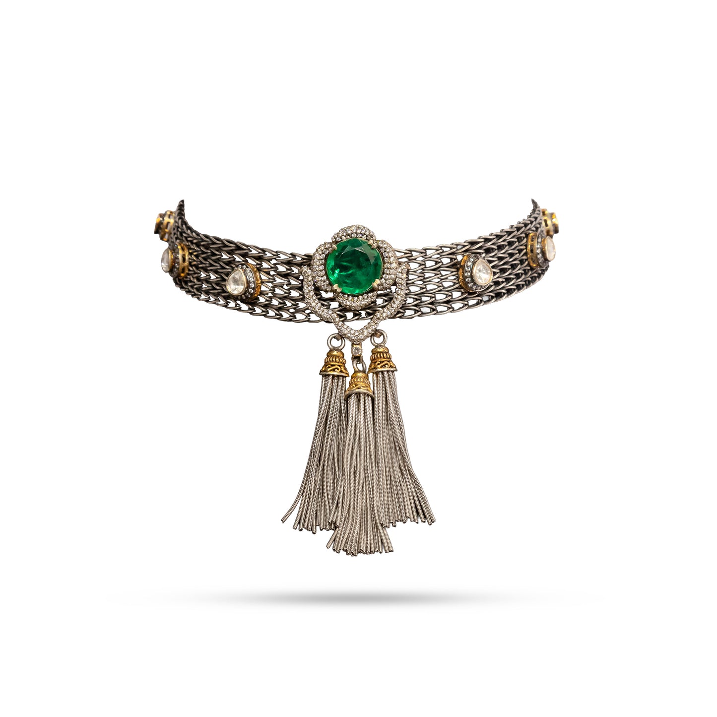 925 Silver Emerald Tassel Mesh Choker