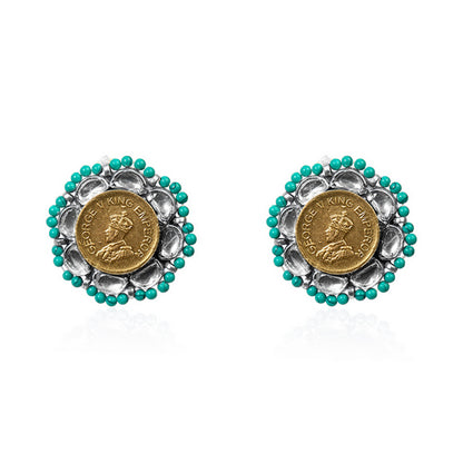 Oxidized Silver Coin Stud Earrings with Turquoise Beads and White Stones