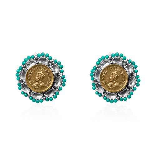 Oxidized Silver Coin Stud Earrings with Turquoise Beads and White Stones