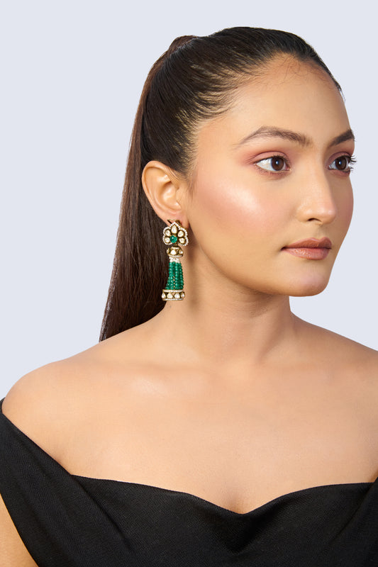 Heritage Emerald Silver Earrings with Uncut Sparkle and Flowing Green Gem Tassels
