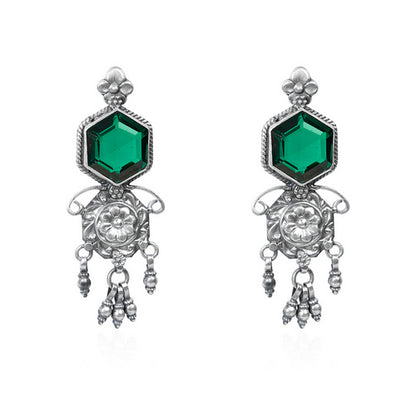 Oxidized Silver Dangle Earrings with Hexagonal Emerald and Silver Charms