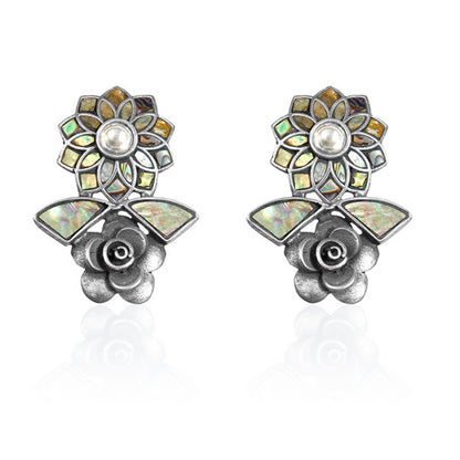 Traditional Indian Silver Stud Earrings with Mother-of-Pearl Petals and Pearl Detail