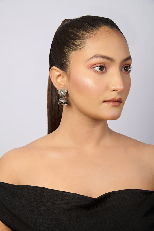 Oxidized Silver Peacock Jhumka Earrings with Metallic Bead Drops