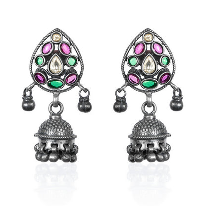 Jaipuri Antique Oxidised Jhumka Earrings with Multi-Color Stones