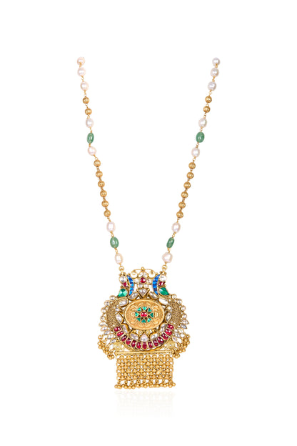 Long Necklace with Enamel, Ruby, Emerald, Pearl, and White Gem Pendant