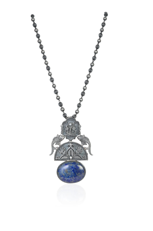 Oxidised Floral Peacock Pendant Set – Lapis Stone Accent