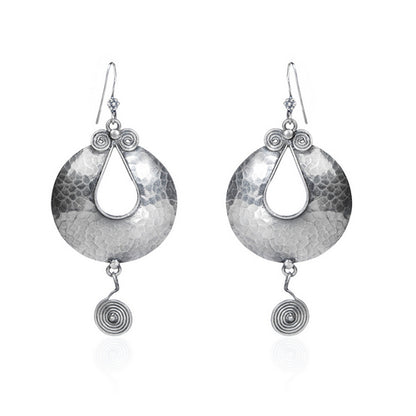 Oxidized Silver Hammered Half-Moon Dangle Earrings with Spiral Drop