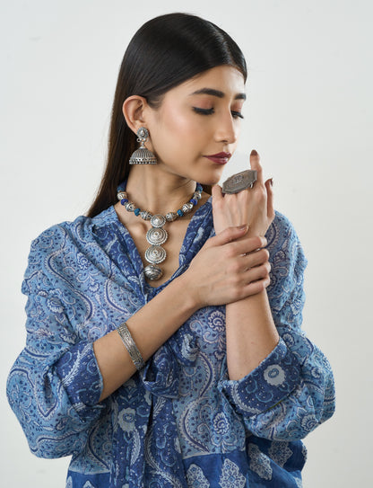 Ethnic Blue Thread & Oxidized Look Silver Necklace