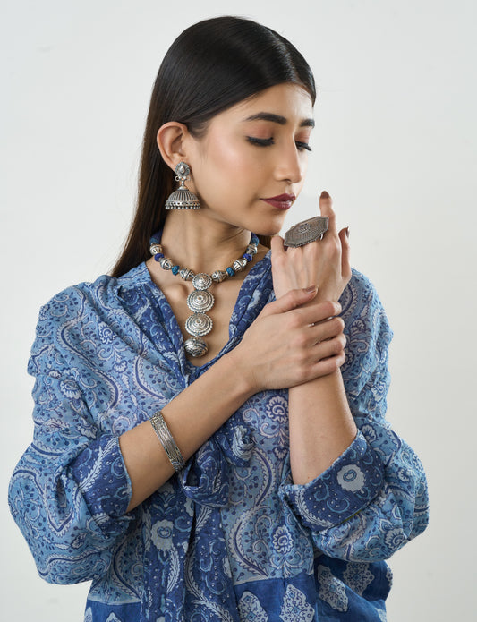 Ethnic Blue Thread & Oxidized Look Silver Necklace