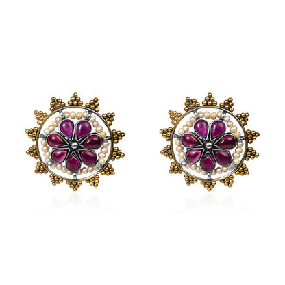 Oxidized Silver & Gold Tone Floral Stud Earrings with Magenta Stones and Pearl Border