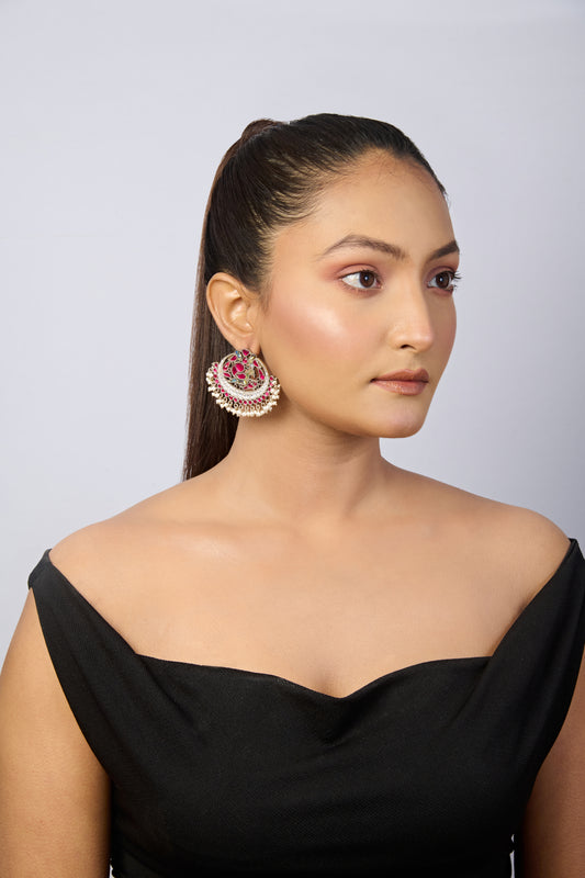 Ethnic Half-Moon Earrings with Ruby/Garnet Accents