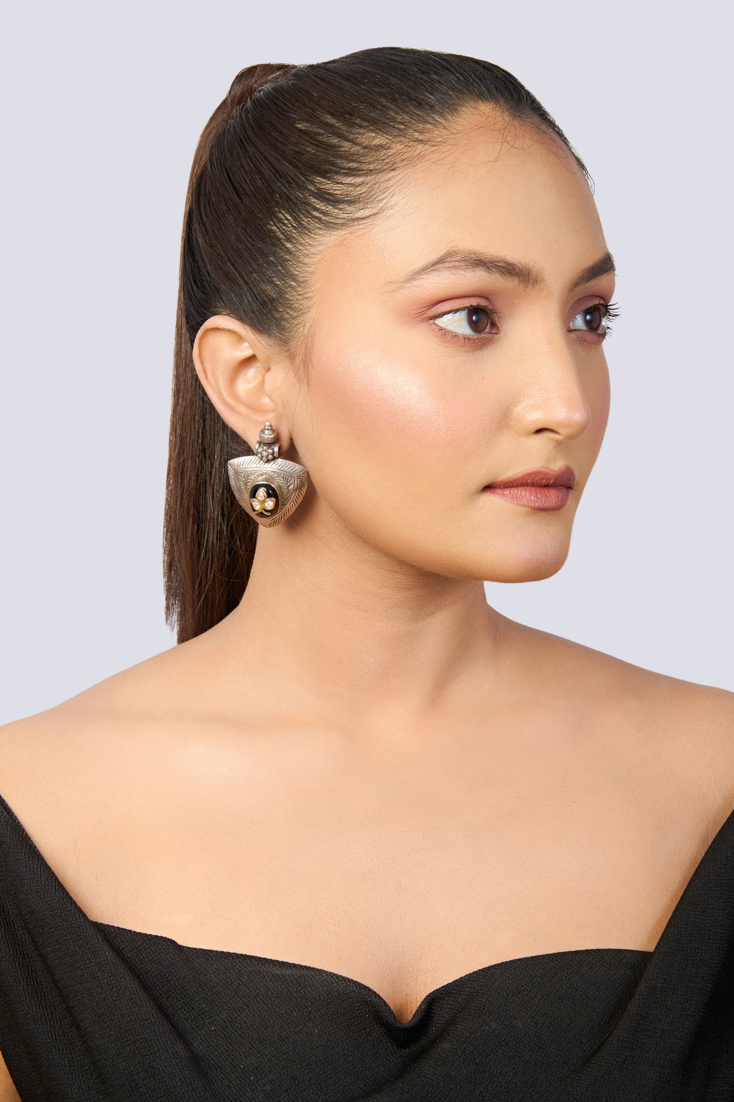 Oxidized Silver Shield Stud Earrings with Black Stone and Golden Leaf Accents