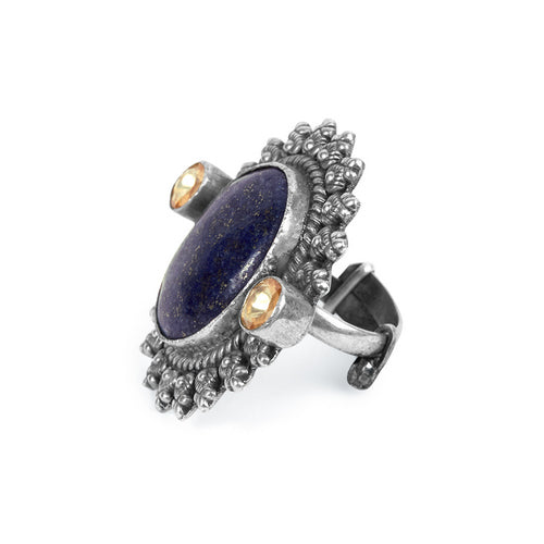 Artisan Crafted Adjustable Ring with Oval Lapis Lazuli and Yellow Topaz Accents