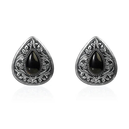 Oxidized Silver Teardrop Stud Earrings with Black Onyx Stone